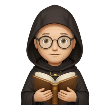 Monk priest prayer black habit with hood round black glasses done light brown wavy hair under hood remove the medallion smaller more round glassed age 46 no necklace more oval face hand holding book that says RB 480 sticker