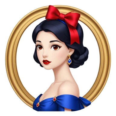 Cinematic Stunning Snow White Portrait Emoji, Fair skin glowing like porcelain, ruby-red lips, deep brown eyes full of kindness, raven hair framed by her iconic red bow, wearing her royal blue and gold gown, exuding timeless beauty and grace! sticker