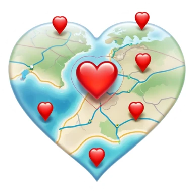 Translucent ethereal map with actual cartographic details, red heart markers for relationships and different colored pins for various emotional experiences sticker