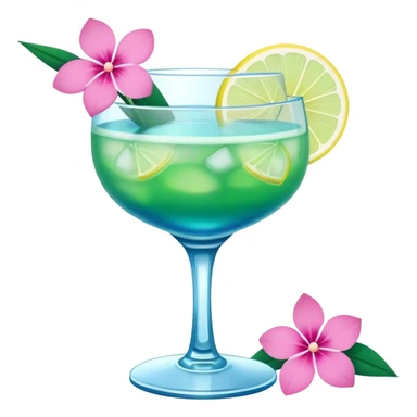 Blue/green cocktail with pink flowers and lemon sticker