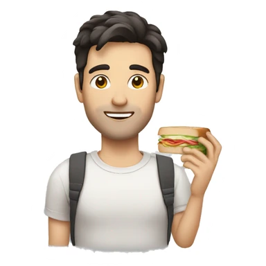 A white man with dark hair holding a long small sandwich sticker