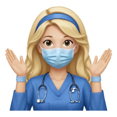 enfermera rubia con pelo largo sin balaca en el pelo, con mascarilla y guantes azules las dos manos arriba sticker
