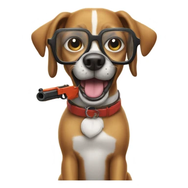 Dog wearing goofy glasses with a toy gun sticker