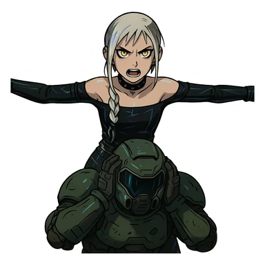  young woman with gold yellow eyes, white hair, long braid, black off-shoulder top, punk gothic style, futuristic cyberwave cyberpunk,, she is aggresively t-posing over a cowering doomguy sticker