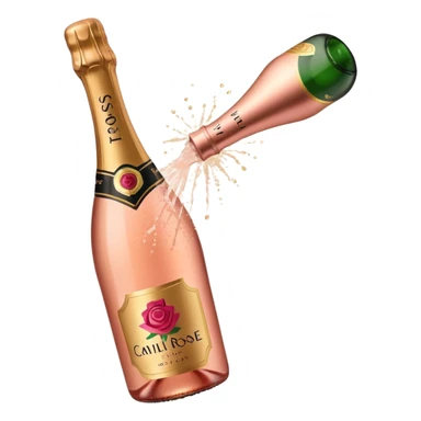 bottle of sparkling rosé champagne with a rose logo on the label, with the cork popping out from the top, tilted up and to the left, no glass sticker