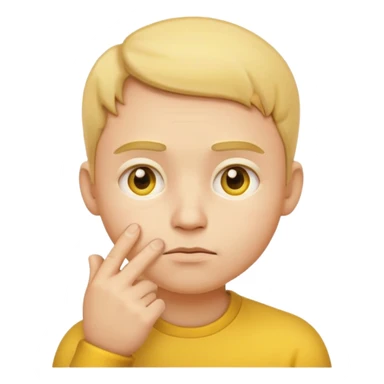 a detailed 3D render of a thoughtful face emoji, yellow round face with raised eyebrows, one hand touching chin, expressive eyes, digital art style, clean background sticker