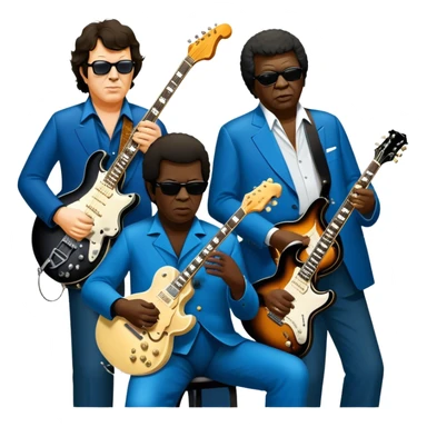 Icon for Blues Music: close-up collage of legendary blues artists. Gary Moore, Eric Clapton, B.B. King and Joe Cocker. Represented by silhouettes or symbolic items like guitars, microphones, or music notes, reflecting the soulful energy of blues music. Transparent background. sticker