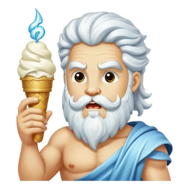 Zeus eating white ice cream and holding a thunderbolt sticker