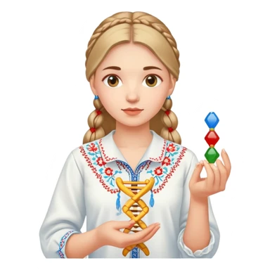 Ukrainian girl in traditional embroidered vyshyvanka shirt holding a DNA molecule in her hand sticker