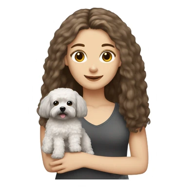 White Girl with brown long straight hair, holding a dark gray maltipoo with a white snout sticker
