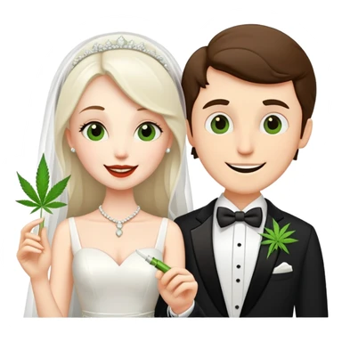 Bride in white dress and groom in tuxedo sharing a cannabis joint, cheerful cartoon wedding couple sticker