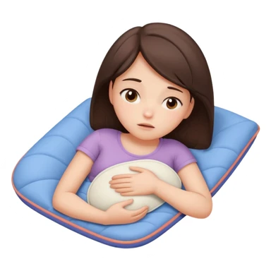 a brunette girl lying down on her side, holding a warm heating pad against her lower belly. She's uncomfortable and sad, her posture should show she’s having bellyache. Use simple lines, rounded shapes, soft colors, and a clean emoji aesthetic. Make it expressive but still adorable sticker