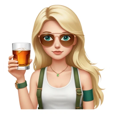 girl with long blond hair
with blue eyes
and aviator sunglasses
wearing white tank top 
holding a glass of whiskey 
wearing rose gold apple watch with forest green band  sticker