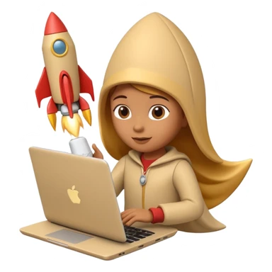 3D clay character with laptop and small rocket launching, cute rounded style, deep green (#0B3D2C), gold rocket, cream laptop, soft shadows, transparent background sticker