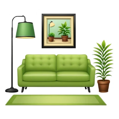 living room in ios emoji style

no TV, and make the couch a light green color

there is a lamp on one side and one plant on the other side. and no picture frame

there is a light colored rug sticker