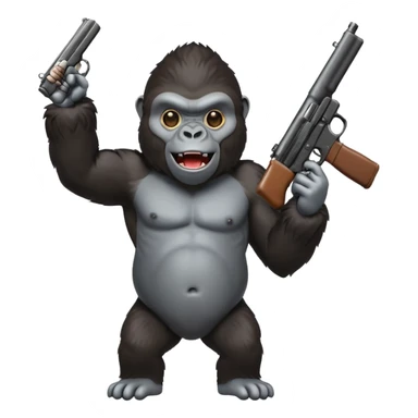 A gorilla holding a gun in the air making a silly face sticker