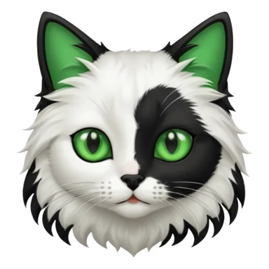 black and white long hair cat. green eyes. black nose. black splotch in the shape of a star near nose (on the right side). sticker