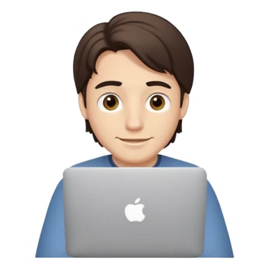 A man in his mid 20s, middle part average dude with slightly droopy eyes, happy, using a MacBook, hero for an iOS developers website sticker