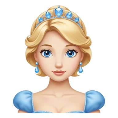 Cinematic Realistic Comical Cinderella Portrait, with every detail rendered realistically—from the soft, smooth texture of her fair skin to her artfully styled golden-blonde hair. Her bright blue eyes are wide with playful disbelief, and her expression carries a touch of whimsical humor while retaining elegant poise. Her classic ball gown, detailed with rich fabric textures and natural shadows, catches the light in a way that blends refined beauty with a hint of cheeky mischief, creating a striking, lifelike portrayal. sticker