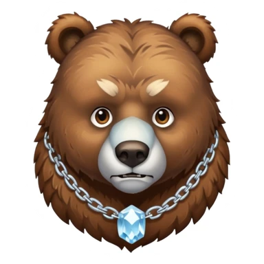 Fierce brown bear walking on four paws with an ice chain necklace, frozen chain links made of crystal clear ice, serious face sticker
