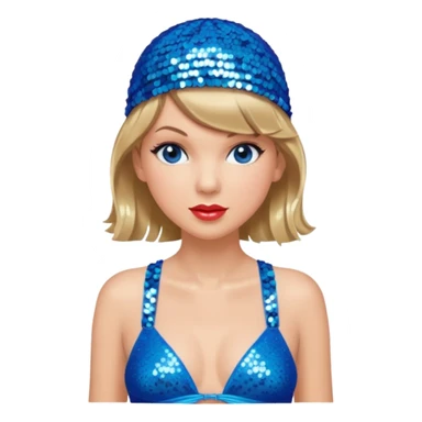 Taylor Swift wearing a blue bathing suit with sparkly sequin straps. She is also wearing a sequin blue swim cap with a sequin strap going under her chin. She has a blue tinsel boa draped over her shoulders. sticker