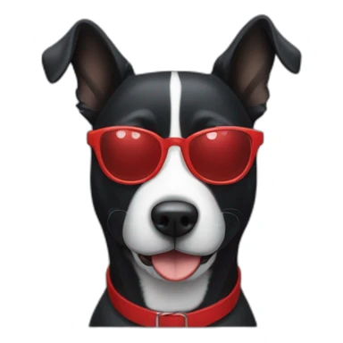 A black dog with a white snout, a white stripe down the middle, and red glasses sticker