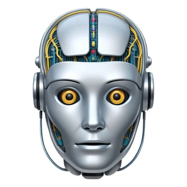 An icon featuring a humanoid robot head, neural network connections, and binary code, symbolizing artificial intelligence. The design includes a brain with circuits and machine learning algorithms, representing the study and development of intelligent systems. Transparent background  sticker
