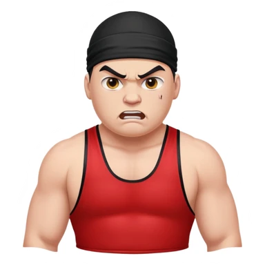 Close-up of white skin fat guy with young face, no muscle with prominent black durag, completely shaved face, no beard or mustache, black eyes in a red and black wrestling singlet with angry face sticker