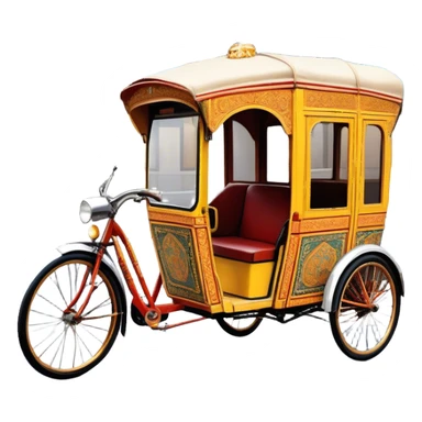 Cyclo rickshaw – Cinematic Realistic Cyclo Rickshaw, depicted as a charming, ornately painted three-wheeled cycle taxi with vintage detailing, set on bustling city streets under dynamic urban lighting that evokes cultural heritage and nostalgic charm. sticker