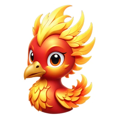 Cinematic Cute Mystical Fire Phoenix Portrait Emoji, Head tilted playfully and inquisitively, showcasing a vibrant, flame-kissed form with intricately detailed feathers in warm shades of red, orange, and shimmering gold, accented by delicate sparks and a gentle, inviting glow; rendered with lifelike detail and soft, radiant light, high shine, enchanting and spirited, styled with a touch of mythic whimsy, soft glowing outline, capturing the essence of a mischievous yet endearing phoenix poised to flutter playfully into your heart! sticker