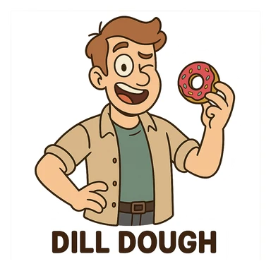 A playful cartoon man named Dill Dough with a doughnut in hand, winking, casual modern clothes, light brown hair, fun and silly vibe. sticker