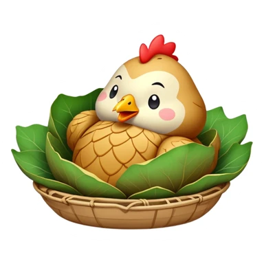 Beggar's Chicken wrapped in lotus leaf and clay, simplified emoji style with bold outlines and bright colors, cartoon style traditional Hangzhou dish before cracking sticker