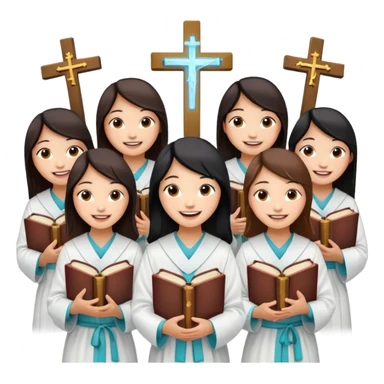eight asian girls holding bibles and crosses and laughing to each other sticker