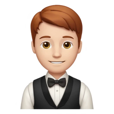 young gentleman emoji, straight auburn hair, wearing a vest and bow tie, warm smile sticker
