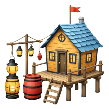 
fisherman house on a wooden pier, small dock, fishing nets hanging, barrels, lantern, ocean vibe, 3D cartoon, cute mobile game icon, clean background, no text
 sticker