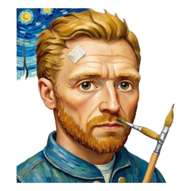 an gogh paints on a canvas. band-aid on the ear sticker