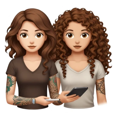formula drawing — long wavy brown hair tattooed woman and short tight curly brown hair woman — rune sketch ground sticker