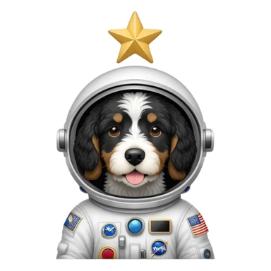 a black and white parti bernedoodle dog, with no brown fur) that is an astronaut giving a gold star sticker