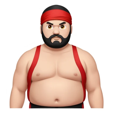 Close-up of morbidly obese white skin guy with young face, prominent BLACK DURAG tied clearly on head, distinct black beard and mustache, no muscle, black eyes in a red and black wrestling singlet with angry face sticker