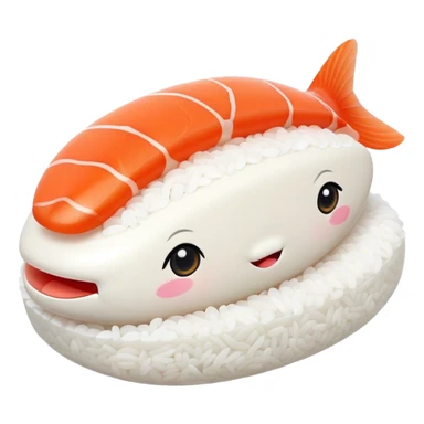 Cute Kawaii Nigiri Sushi, plump and happy, a soft white rice pillow topped with bright orange salmon, tiny blushing cheeks, big round eyes, a joyful floating expression! sticker
