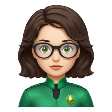 green Power Ranger suit, white Australian female with dark brown wavy hair in a side parting, glasses, thinking emoji pose sticker