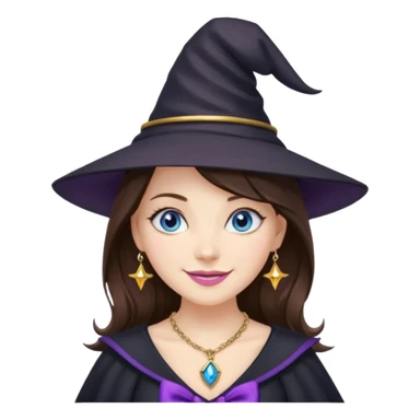 Witchy brunette haired blue eyed white girl with a witty smile a gold necklace and a black witch hat with a purple bow sticker