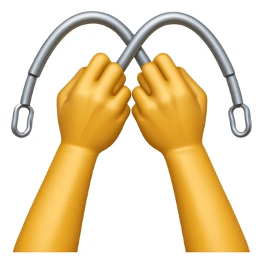 Apple-style 3D emoji of two cartoon hands tightly gripping and bending a solid metal rod, showing visible strain and tension lines around the bend, with dynamic motion curves to emphasize the effort, realistic lighting and smooth Apple emoji texture, no background. sticker