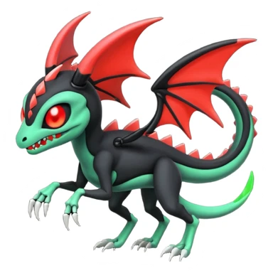 Obsidian-black and neon-glowing-green skeletal Meloetta-Salandit-Gorebyss-Salazzle-Pokémon-Fakémon-creature-fusion-hybrid with glowing crimson-red evil slit eyes sticker