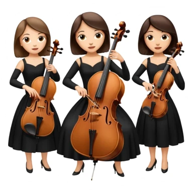 Create an imagine of three brunette women playing string instruments in black dresses, the first is playing a cello, the second is playing a viola and the third is playing the violin sticker