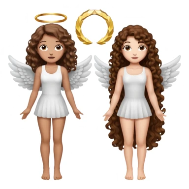 fake angel pose — long wavy brown hair tattooed woman and short tight curly brown hair woman — halo sparkle sticker