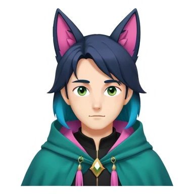 anime man with straight long dark-blueish-black-gradient hair, long black fox ears with pink Scapha, hazel-gradient-brown-turquoise eyes, gold earring hanging from fox ear, dark-blue-sweater, green cape,  sticker