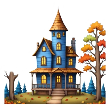  whimsical fantasy style scene of a tall skinny house among tall trees that are a mixture of lush and bare  trees that have a few colored fall leaves. Mysterious but warm inviting, clouded over blue quarter moon shape behind house. Still life very detailed & hyperrealistic  sticker