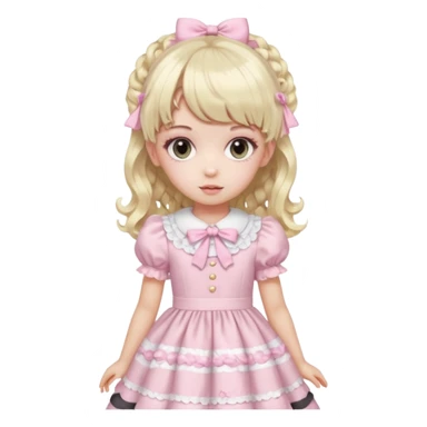 pale girl , who has curly medium length blonde and baby pink swirled hair with bangs , grey eyes , and doll like makeup , in a light pink lolita hime gyaru dress emoji | AI Emoji Generator sticker