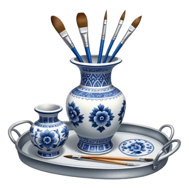 Metal painting icon, a metal vase with intricate designs in Gzhel and Chinese embroidery styles, placed on a metal tray, 3 paintbrushes beside it, minimalistic style, clean lines, transparent background. sticker